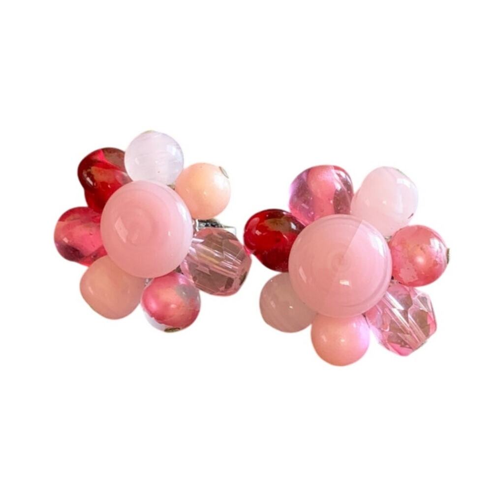Vintage Japan Pink Glass Cluster Earrings Clip On 1"